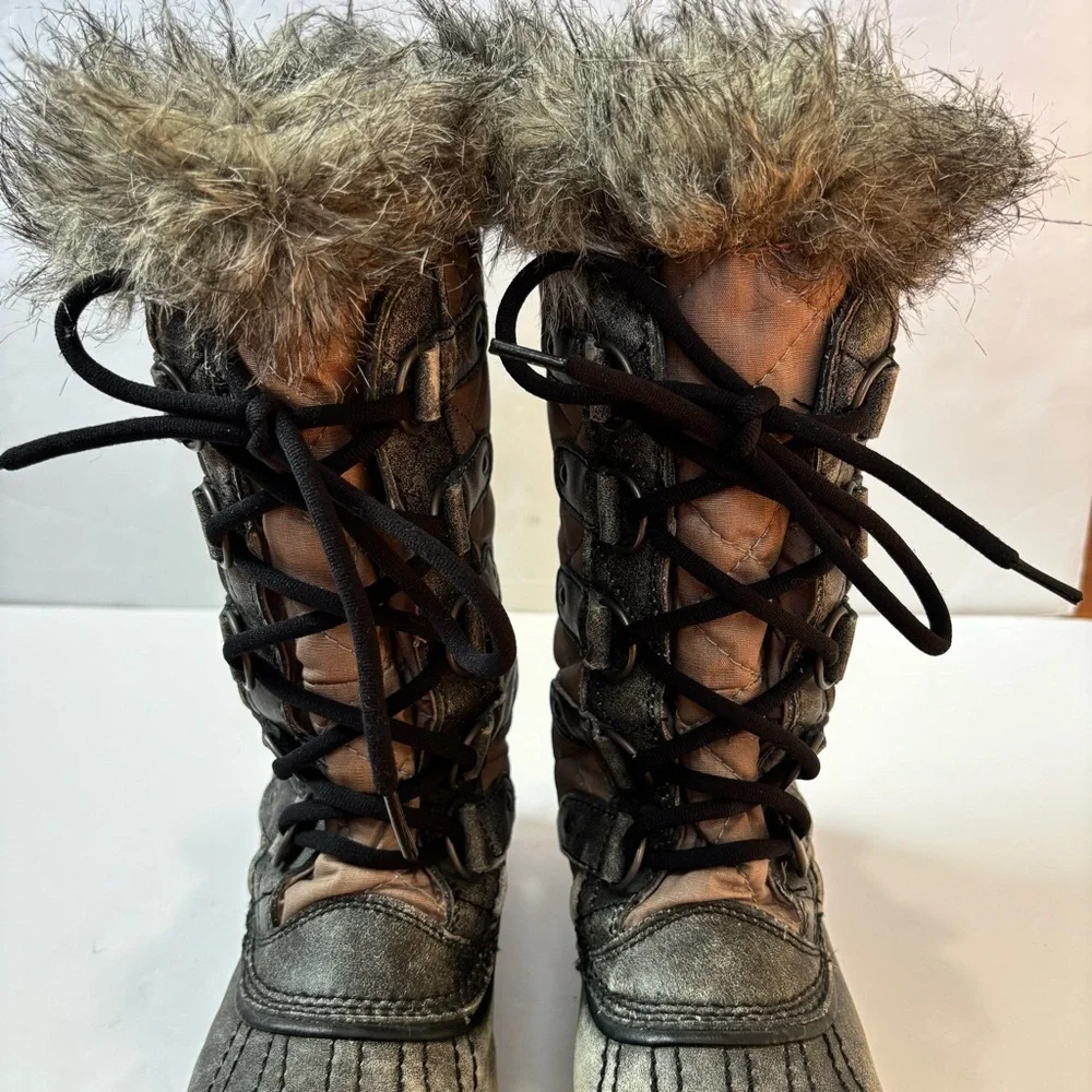 Sorel Tofino Gray Tan Waxed Canvas Leather outdoor Waterproof Snow Boots Sz 8.5